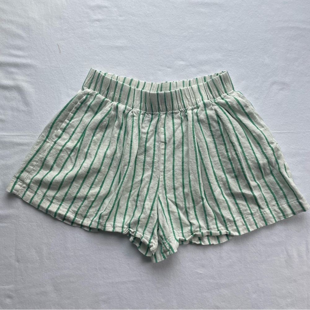 Scoop Linen Blend Shorts Green Stripes Size M (8-10) Preowned